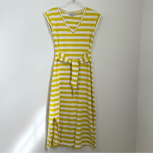 LOFT Striped Tie Waist V-Neck Yellow Midi Dress Size XS - Picture 4 of 12